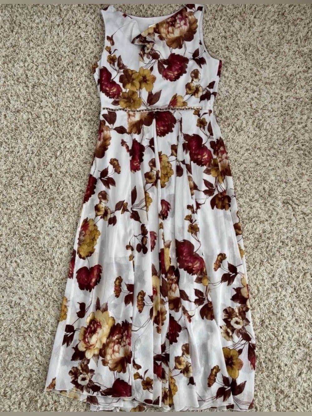 Alexa B Size 12 Sleeveless White Maxi Dress with Burgundy & Mustard Floral Print
